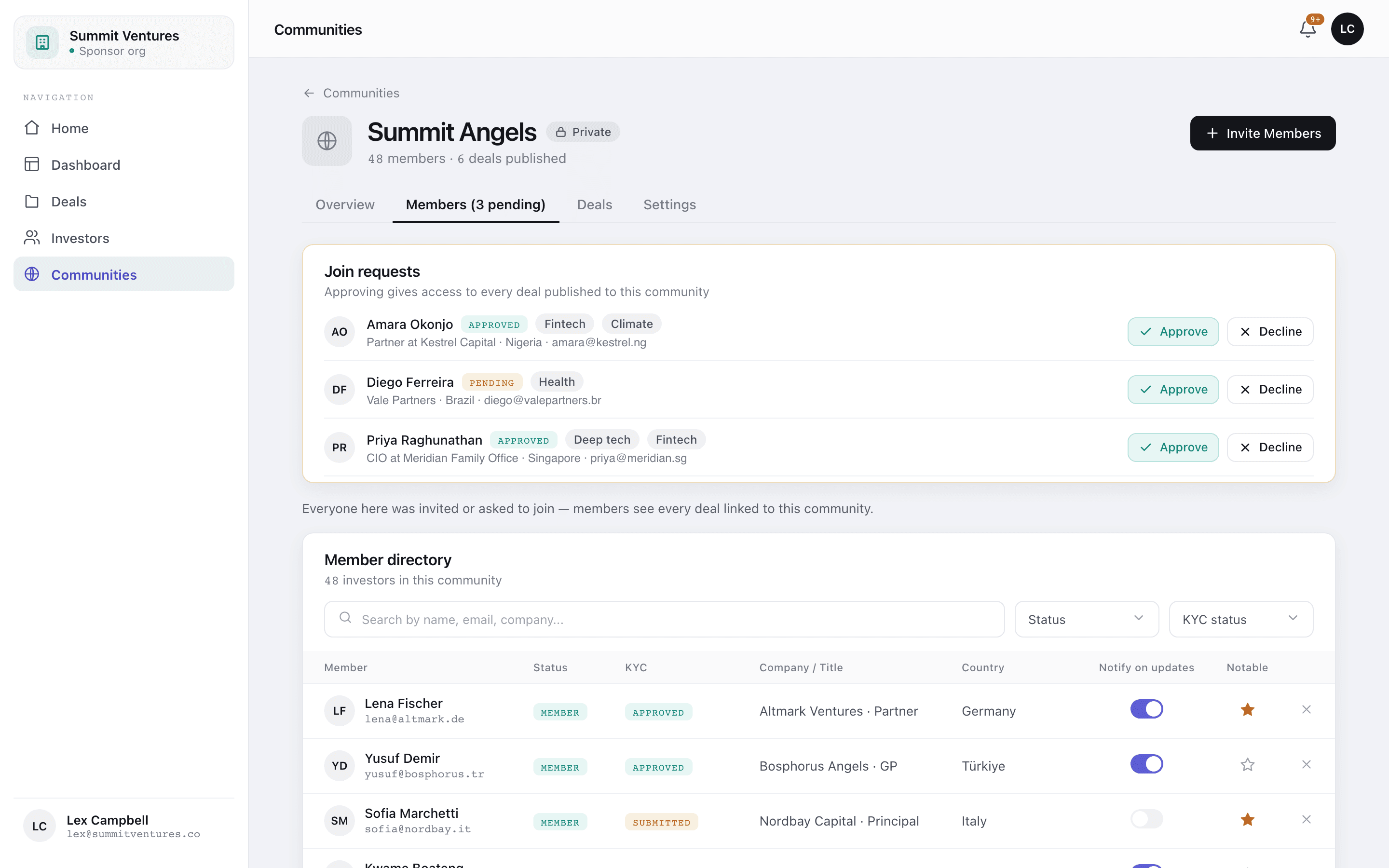A members screen listing pending join requests with approve controls, above a member directory where each row carries toggles for notable and for updates.