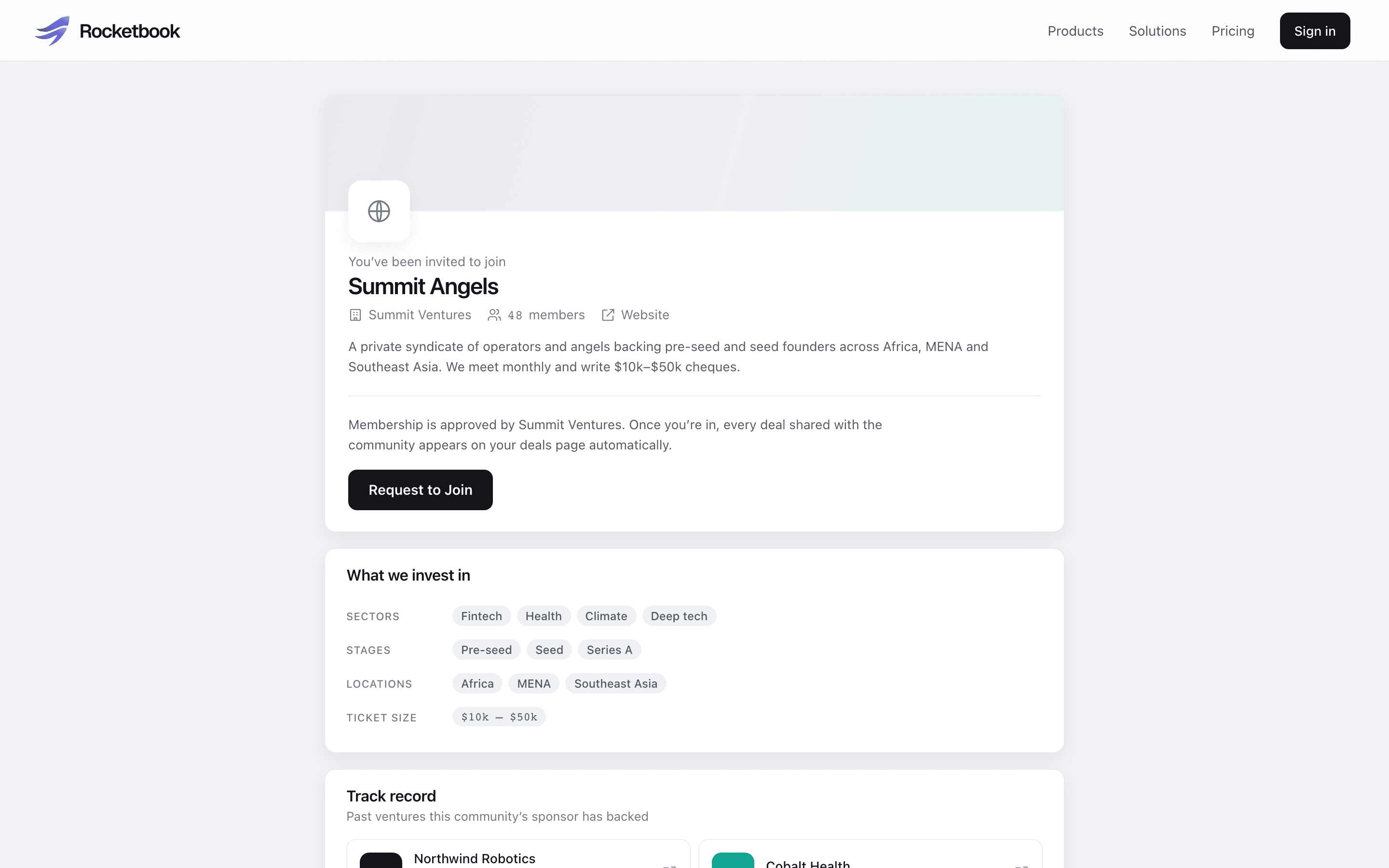The public community join page an invited investor sees, showing the community name, sponsor, member count, thesis and track record, with a request to join action.